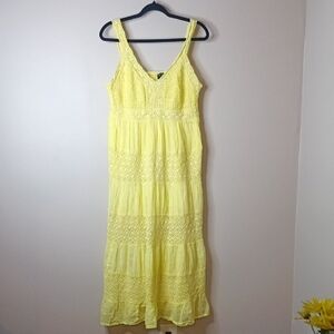 Bright Yellow Cotton Crochet Tiered Bohemian Maxi Dress Size L